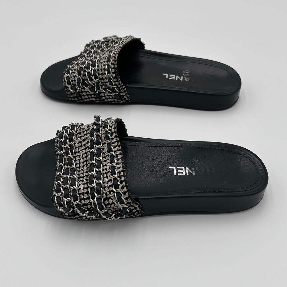 Chanel CC Chain Slide Sandals Flat Canvas Slip On Shoes Black Tweed Size 38 - Picture 7 of 14